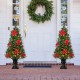 Glitzhome 2PK 4ft Pre-Lit Pine Artificial Christmas Porch Tree with 100 Warm White Lights, Poinsettia and Red Berries