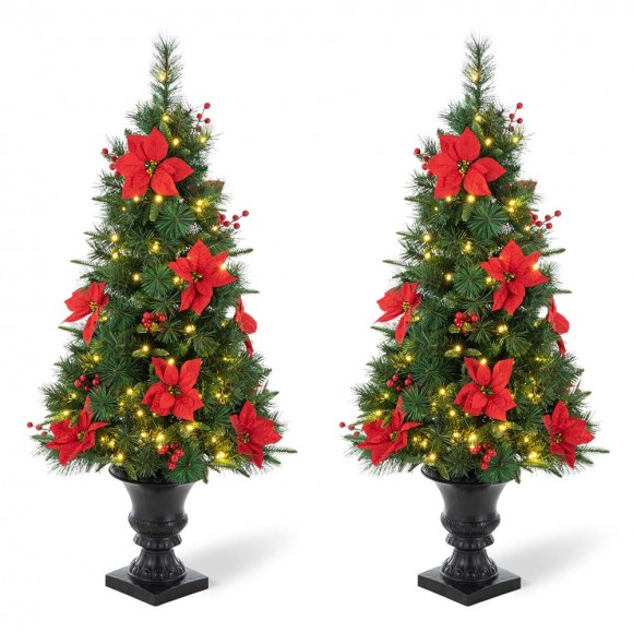 Glitzhome 2PK 4ft Pre-Lit Pine Artificial Christmas Porch Tree with 100 Warm White Lights, Poinsettia and Red Berries