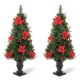 Glitzhome 2PK 4ft Pre-Lit Pine Artificial Christmas Porch Tree with 100 Warm White Lights, Poinsettia and Red Berries