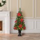 Glitzhome 2PK 4ft Pre-Lit Pine Artificial Christmas Porch Tree with 100 Warm White Lights, Poinsettia and Red Berries