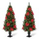 Glitzhome 2PK 5ft Pre-Lit Pine Artificial Christmas Porch Tree with 150 Warm White Lights, Poinsettia and Red Berries