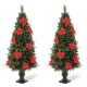 Glitzhome 2PK 5ft Pre-Lit Pine Artificial Christmas Porch Tree with 150 Warm White Lights, Poinsettia and Red Berries