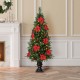 Glitzhome 2PK 5ft Pre-Lit Pine Artificial Christmas Porch Tree with 150 Warm White Lights, Poinsettia and Red Berries