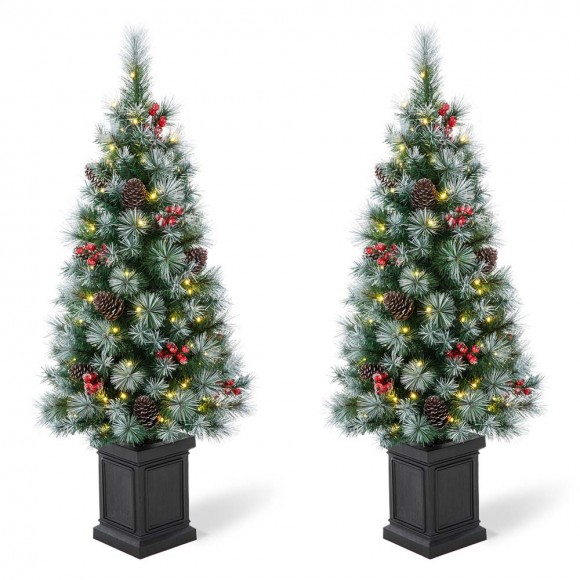 Glitzhome 2PK 4ft Pre-Lit Pine Artificial Christmas Porch Tree with 80 Warm White Lights, Pinecones and Red Berries