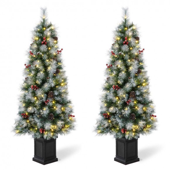 Glitzhome 2PK 5ft Pre-Lit Pine Artificial Christmas Porch Tree with 150 Warm White Lights, Pinecones and Red Berries