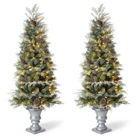 Glitzhome 2PK 5ft Pre-Lit Pine Artificial Christmas Porch Tree with 180 Warm White Lights and Pinecones