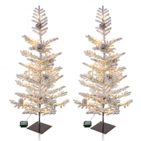 Glitzhome 2PK 3ft Lighted Pre-Lit Upward Wrapped Flocked Pine Artificial Christmas Greenery Table Tree(Includes Timer)