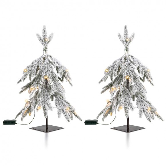 Glitzhome 2PK Lighted 2ft Pre-Lit Downward Wrapped Flocked Pine Artificial Christmas Greenery Table Tree(Includes Timer)