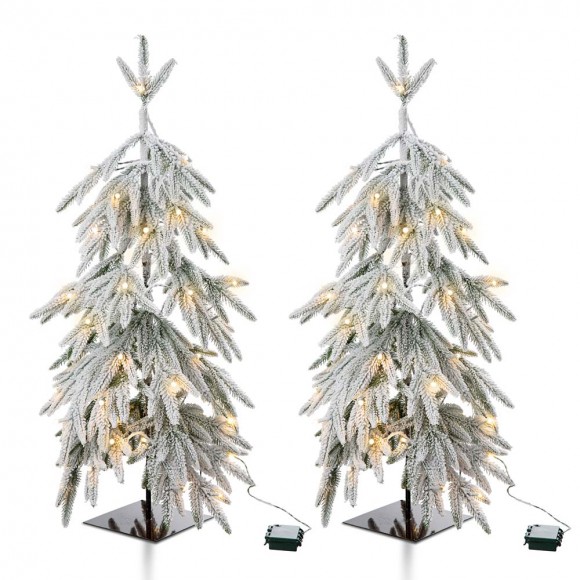 Glitzhome 2PK 3ft Lighted Pre-Lit Downward Wrapped Flocked Pine Artificial Christmas Greenery Table Tree(Includes Timer)