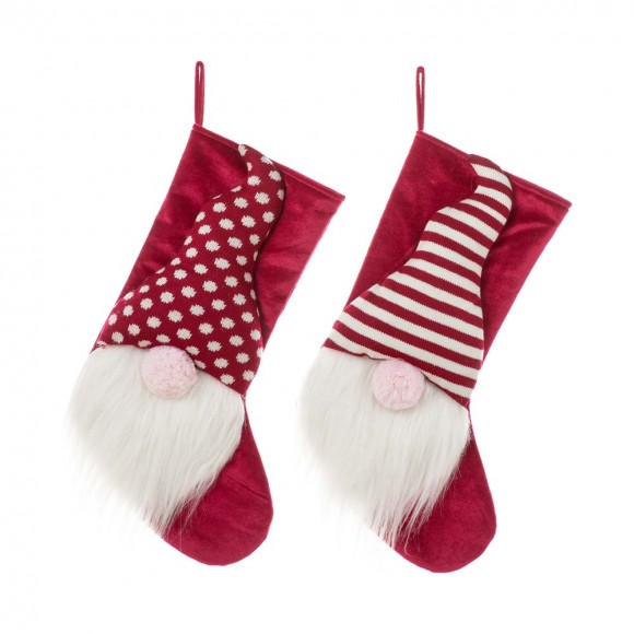 Glitzhome Set of 2 21.75"H 3D Fabric Christmas Gnome Stripes & Dots Stocking