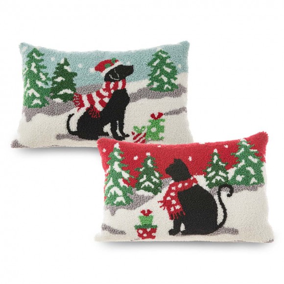 Glitzhome Set of 2 18"L Hooked Christmas Cat & Dog Pillow