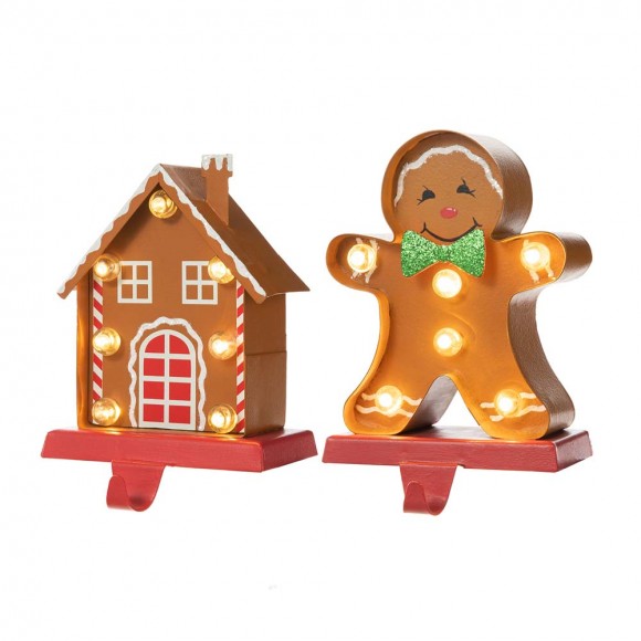 Glitzhome Set of 2 Marquee LED Gingerbread House & Gingerbread Man Christmas Stocking Holder