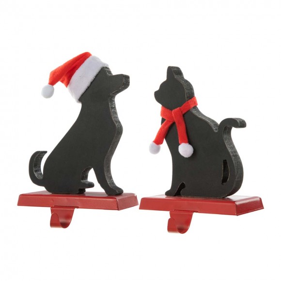 Glitzhome Set of 2 Wooden/Metal Cat & Dog Christmas Stocking Holder