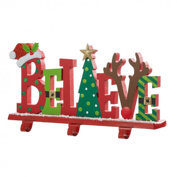 Glitzhome 14.5"L Wooden/Metal "BELIEVE" Christmas Stocking Holder