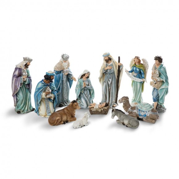 Glitzhome 12pcs Oversized Deluxe Blue Resin Nativity Scene Figurine Set