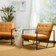 Glitzhome Set of 2 Camel PU Leather Button-tufted Accent Arm Chair with Black Metal Frame