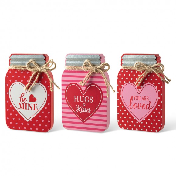 Glitzhome 7"H Set of 3 Valentine's Wooden Mason Jar Table Decor