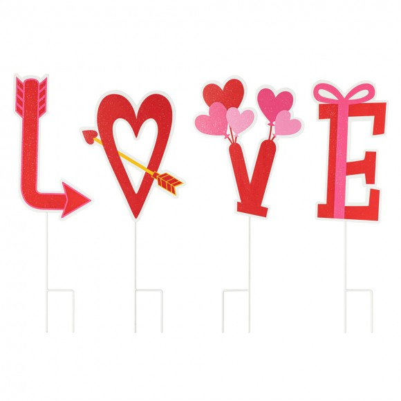 Glitzhome 28"H Set of 4 Valentine's Metal LOVE Yard Stake or Wall Haning Decor