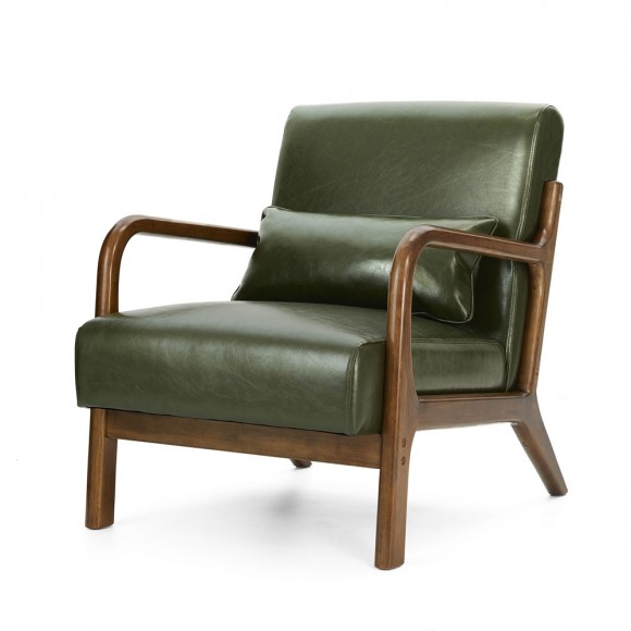 Glitzhome 30.00"H Mid-century Modern Hunter Green PU Leather Accent Armchair with Walnut Rubberwood Frame