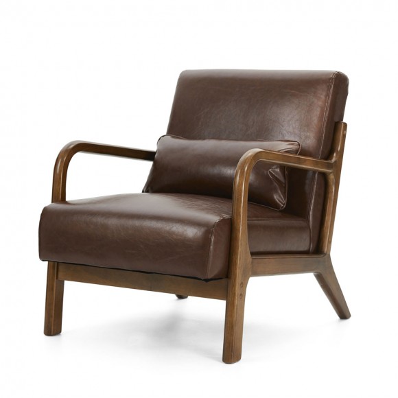 Glitzhome 30.00"H Mid-century Modern Coffee Leatherette Accent Armchair with Walnut Rubberwood Frame