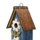 Glitzhome 13.75"H Washed Blue Two-Tiered Distressed Solid Wood Birdhouse with 3D Flowers