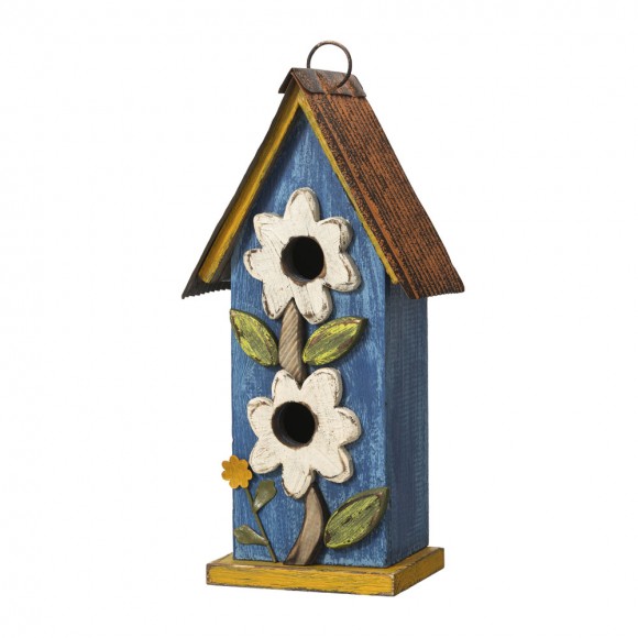 Glitzhome 13.75"H Washed Blue Two-Tiered Distressed Solid Wood Birdhouse with 3D Flowers