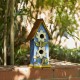 Glitzhome 13.75"H Washed Blue Two-Tiered Distressed Solid Wood Birdhouse with 3D Flowers