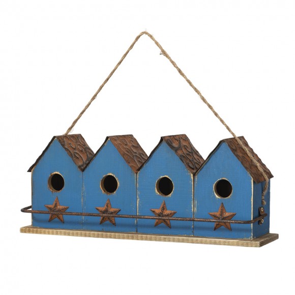 Glitzhome 17"L Retro Blue Distressed Solid Wood Birdhouse with Perch