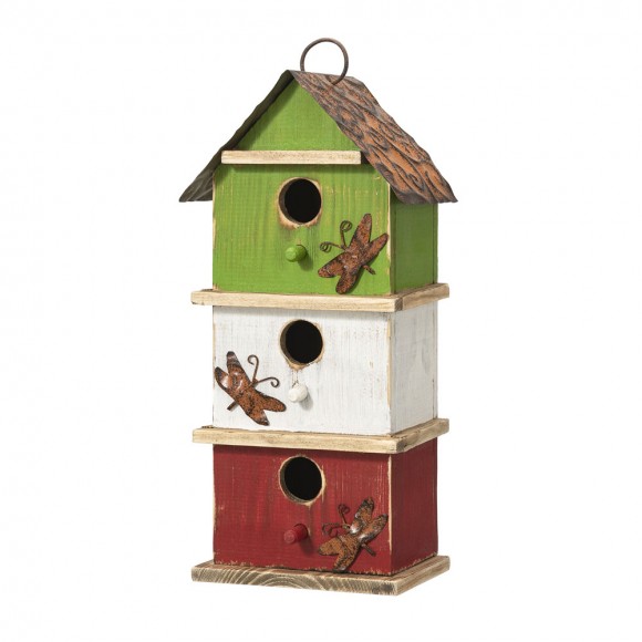 Glitzhome 13.75"H Multicolored Three-Tiered Distressed Solid Wood Birdhouse