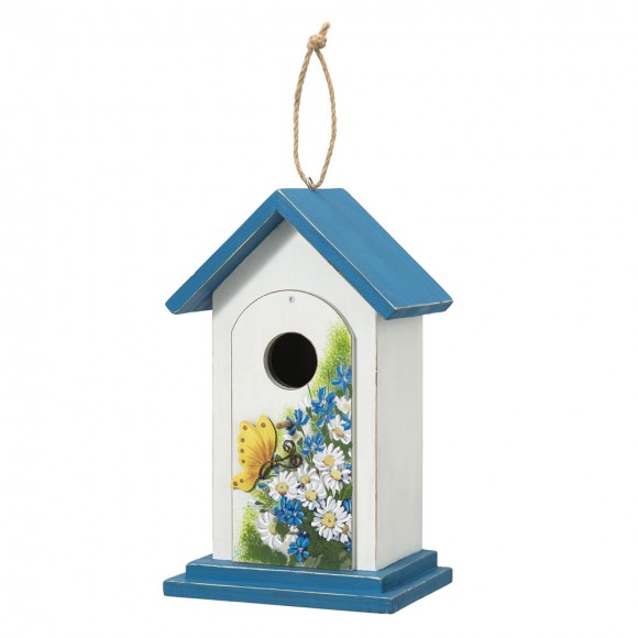 Glitzhome 11.75"H Distressed Solid Wood  Daisy with Butterfly Birdhouses