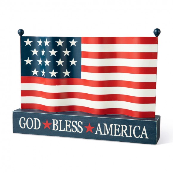 Glitzhome 14"L Metal Patriotic/Americana flag with Wooden Base Table Decor