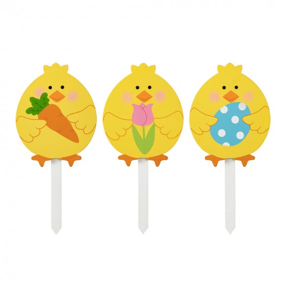 Glitzhome 15"H Set of 3 Easter Wooden Chick Pick/Yard Stake