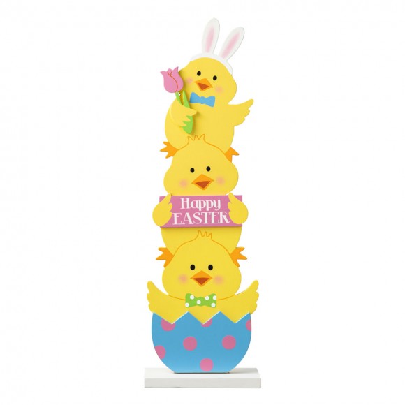 Glitzhome 30"H Wooden Stacked Chicks Happy Easter Porch Decor