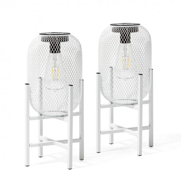 Glitzhome 14.25"H White Metal Mesh Solar Powered Outdoor Lantern with Stand, Set of 2