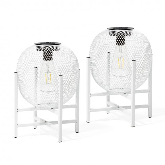 Glitzhome 11.5"H White Metal Mesh Solar Powered Outdoor Lantern with Stand, Set of 2