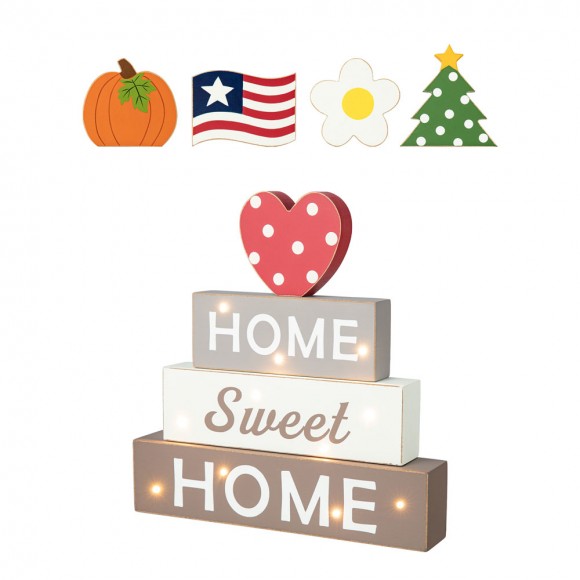 Glitzhome 12.75"H Lighted Wooden Block Word Sign with 5 Changeable Top Decors( Spring/ Valentine/ Patriotic/ Fall/ Christmas)