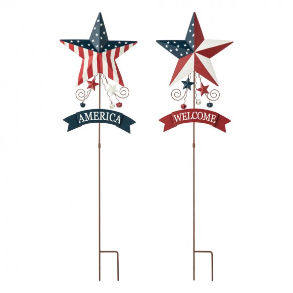 Glitzhome Set of 2 42"H Patriotic/Americana Star Yard Stake