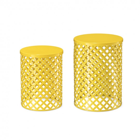 Glitzhome Set of 2 Multi-functional Metal Yellow Garden Stool or Planter Stand or Accent Table or Side Table