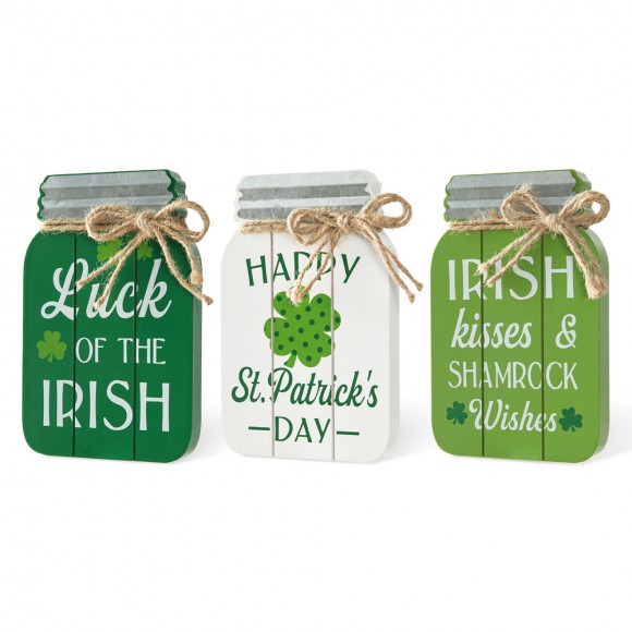 Glitzhome 7"H Set of 3 St. Patrick's Wooden Mason Jar Table decor