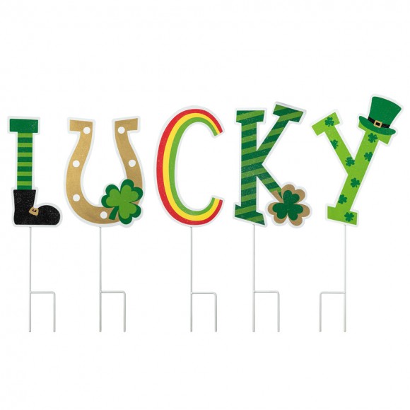 Glitzhome Set of 5 St. Patrick's Metal "Lucky" Yard Stake or Wall Decor