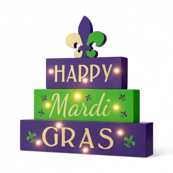 Glitzhome 11.75"L Lighted Mardi Gras Wooden Fleur-de-Lis Block Table Sign