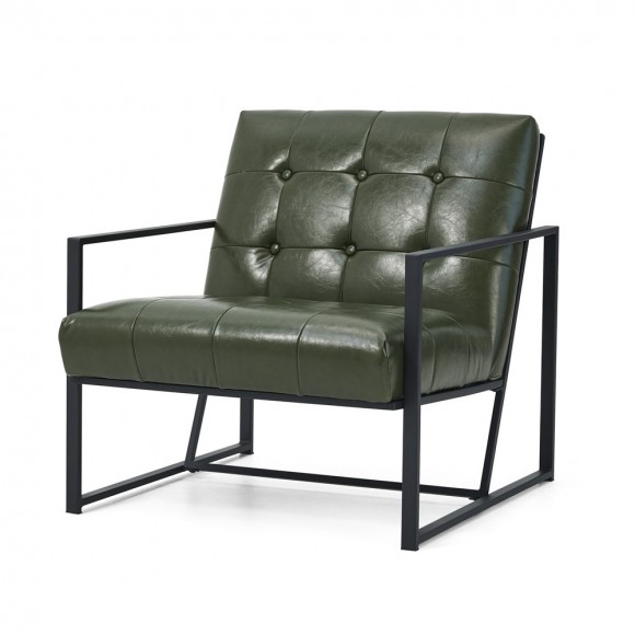 Glitzhome Mid-Century Modern Hunter Green Leatherette Button-tufted Accent Arm Chair with Black Metal Frame