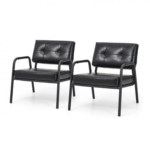 Glitzhome Set of 2 Mid-Century Modern Black Leatherette Arm Accent Chair With Frosted Black Metal Frame