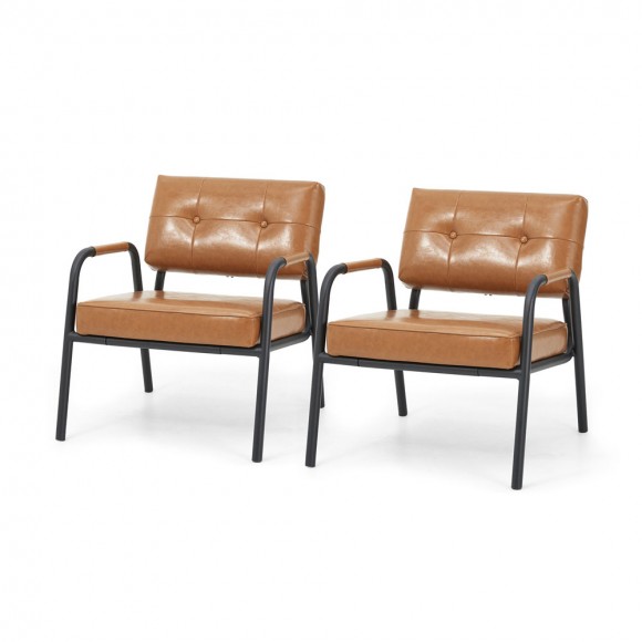 Glitzhome Set of 2 Mid-Century Modern Light Brown Leatherette Arm Accent Chair With Frosted Black Metal Frame
