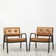 Glitzhome Set of 2 Mid-Century Modern Light Brown Leatherette Arm Accent Chair With Frosted Black Metal Frame