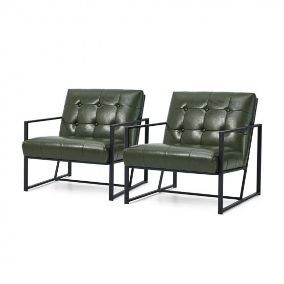 Glitzhome Set of 2 Mid-Century Modern Hunter Green Leatherette Button-tufted Accent Arm Chair with Black Metal Frame