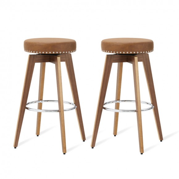 Glitzhome Set of 2 Round Swivel Bar Stool with Brown Leatherette Seat and Composite Wood Legs