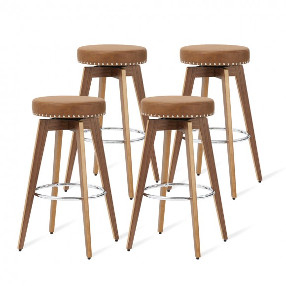 Glitzhome Set of 4 Round Swivel Bar Stool with Brown Leatherette Seat and Composite Wood Legs