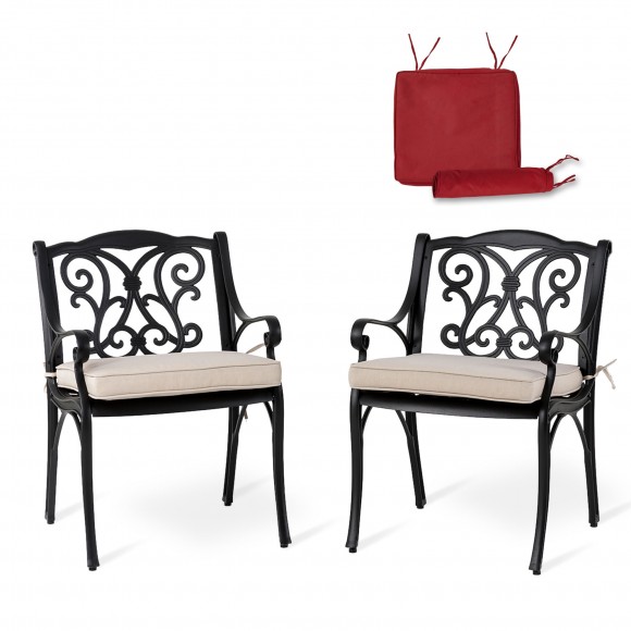 Elm PLUS Set of 2 Cast Aluminium Dining Chairs with Beige Olefin Fabric Cushions and Alternative Wine Red Cushion Covers