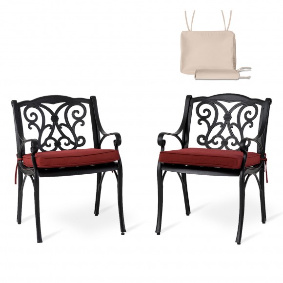 Elm PLUS Set of 2 Cast Aluminium Dining Chairs with Wine Red Olefin Fabric Cushions and Alternative Beige Cushion Covers